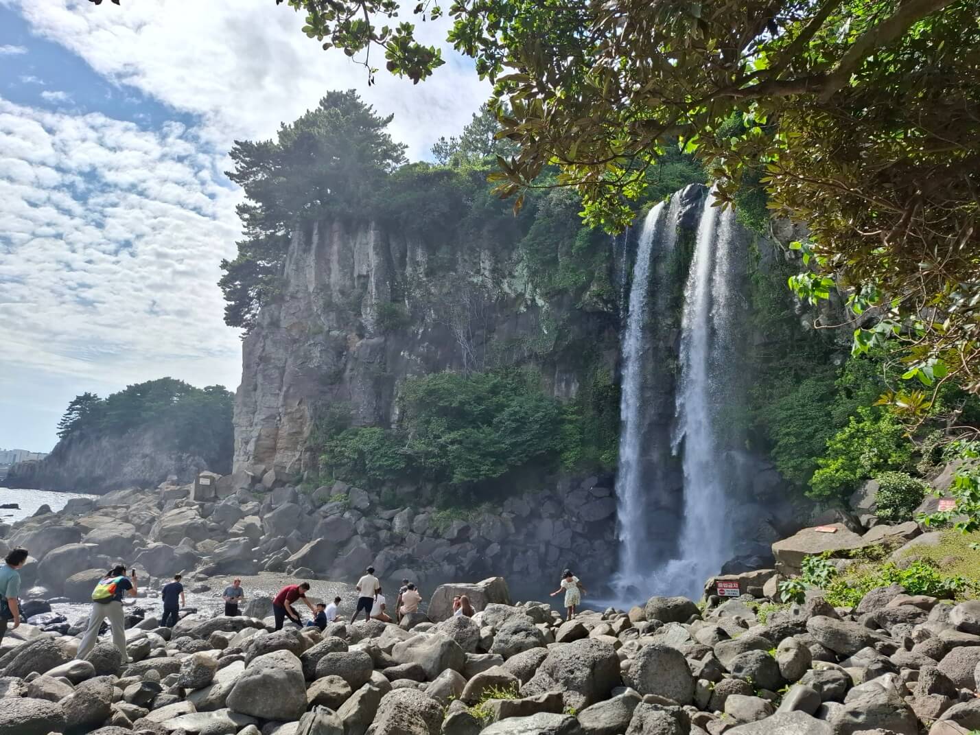 Jeongbang Waterfall cascading directly into ocean in Jeju Island